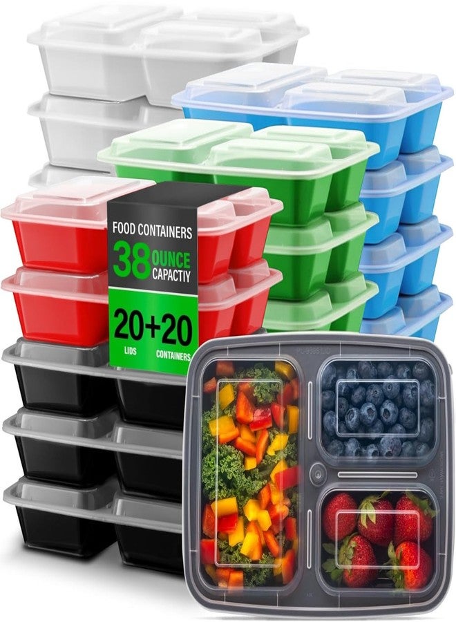 Bexter 20 Pack of 38 oz Meal Prep Takeout Containers (3 Compartment) 20 containers with 20 lids (40 pieces) - Image 1